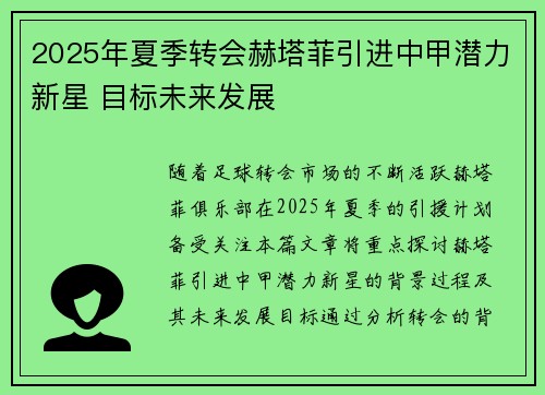 2025年夏季转会赫塔菲引进中甲潜力新星 目标未来发展