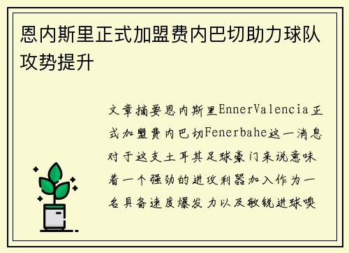 恩内斯里正式加盟费内巴切助力球队攻势提升