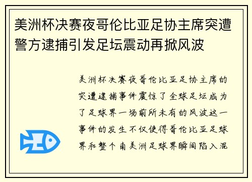 美洲杯决赛夜哥伦比亚足协主席突遭警方逮捕引发足坛震动再掀风波 美洲杯决赛夜哥伦比亚足协主席突遭警方逮捕引发足坛震动再掀风波