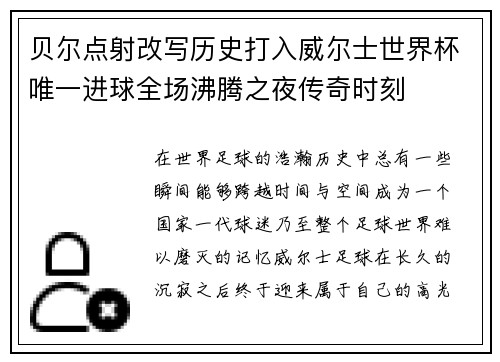贝尔点射改写历史打入威尔士世界杯唯一进球全场沸腾之夜传奇时刻