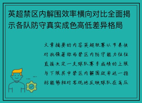 英超禁区内解围效率横向对比全面揭示各队防守真实成色高低差异格局
